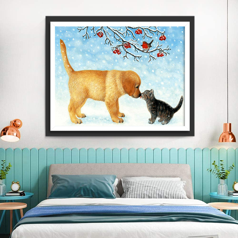 Kat en Hond onder de Rode Fruitboom Diamond Painting