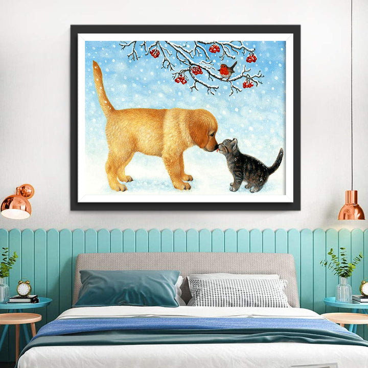 Kat en Hond onder de Rode Fruitboom Diamond Painting