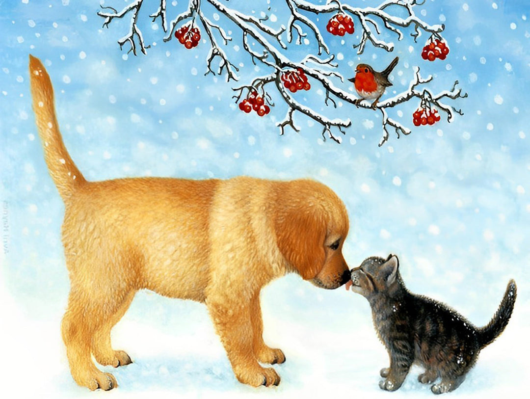 Kat en Hond onder de Rode Fruitboom Diamond Painting