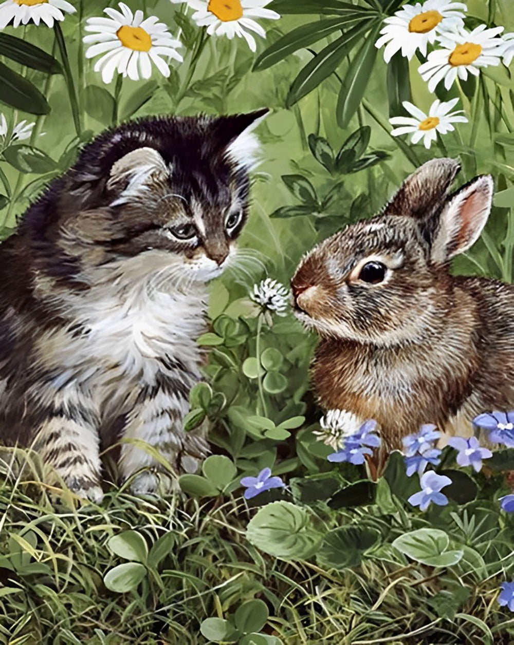 Kat en Konijn in het Gras Diamond Painting