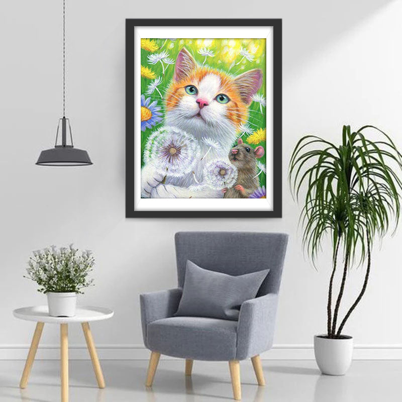 Kat en Muis met Paardenbloemen Diamond Painting