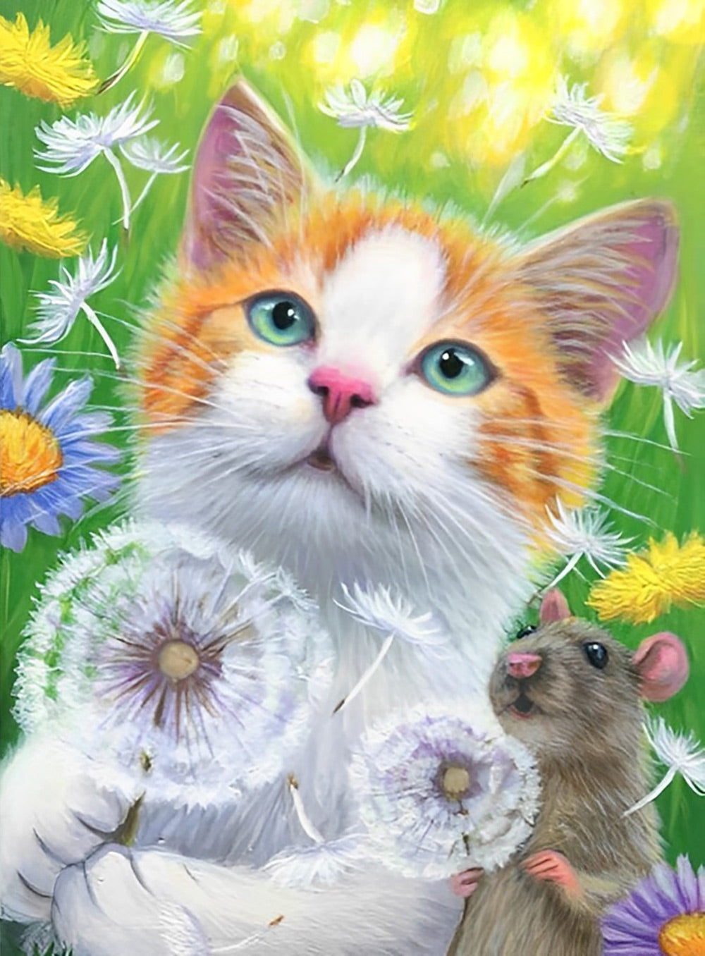 Kat en Muis met Paardenbloemen Diamond Painting