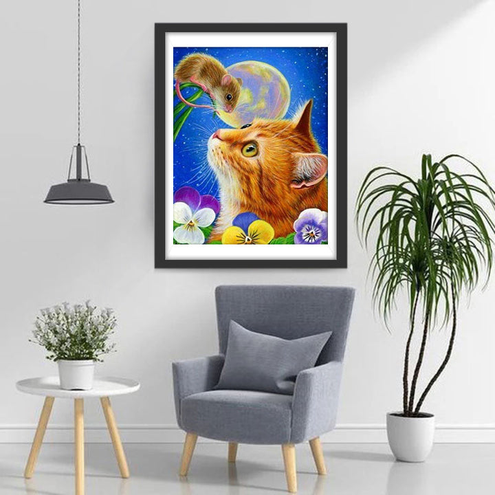 Kat en Muis Staren Elkaar aan in het Maanlicht Diamond Painting