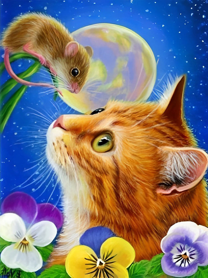 Kat en Muis Staren Elkaar aan in het Maanlicht Diamond Painting
