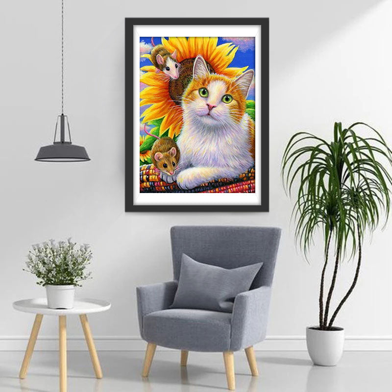 Kat en Muizen voor een Zonnebloem Diamond Painting