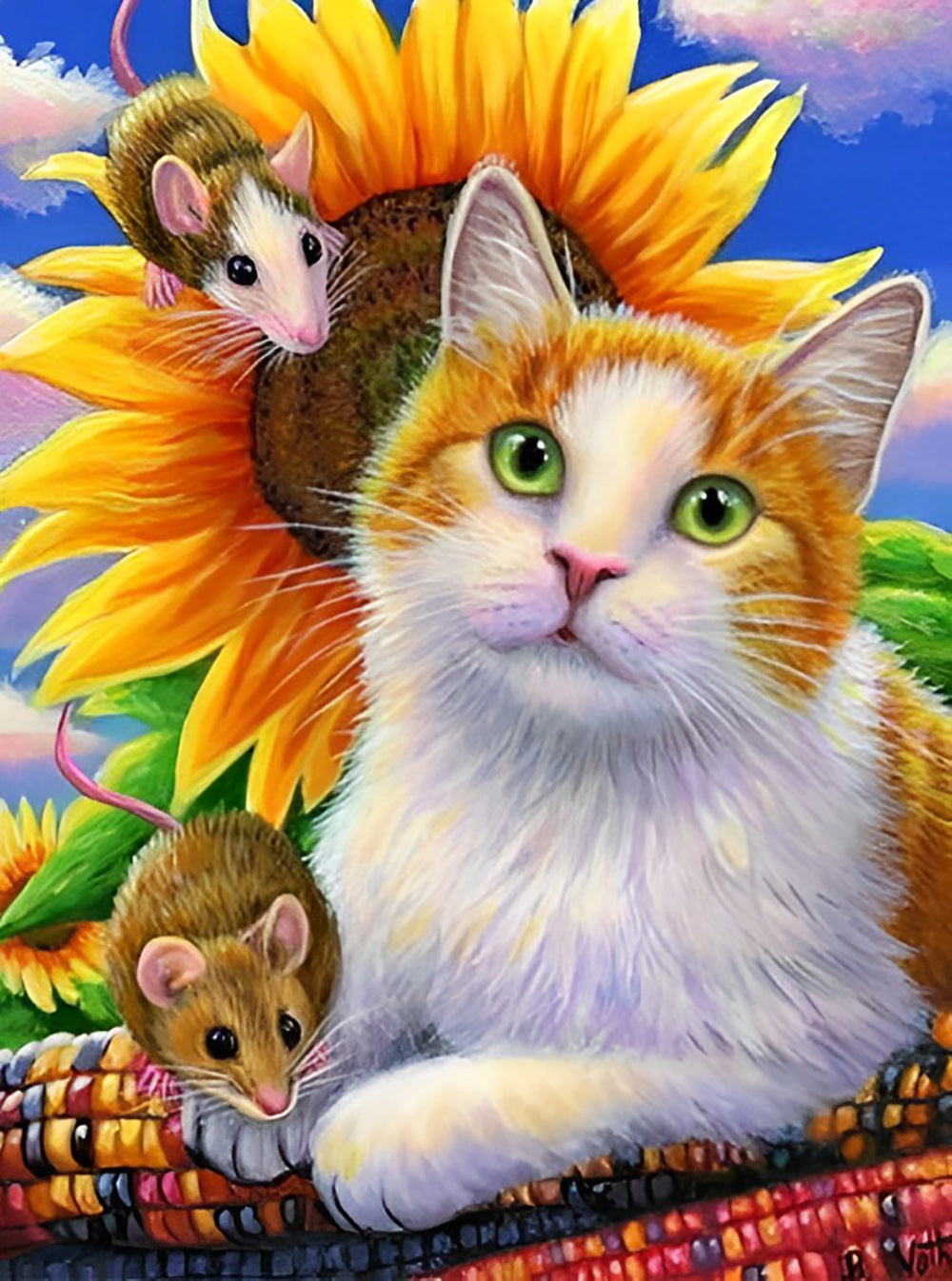 Kat en Muizen voor een Zonnebloem Diamond Painting