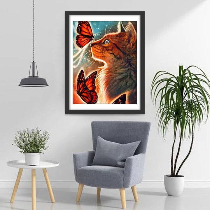 Kat en Oranje-Zwarte Vlinders Diamond Painting