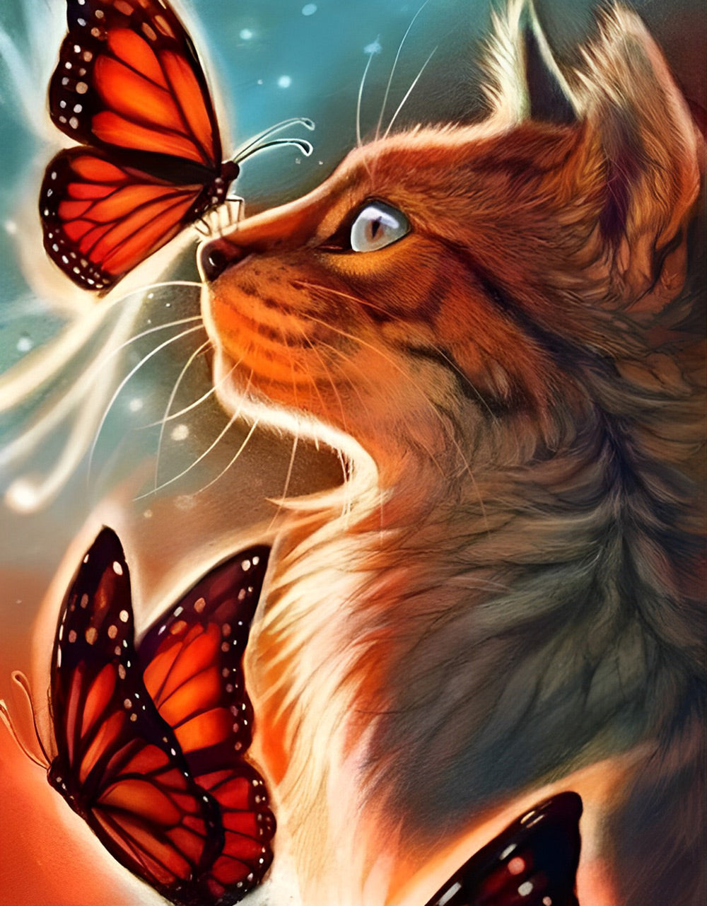 Kat en Oranje-Zwarte Vlinders Diamond Painting