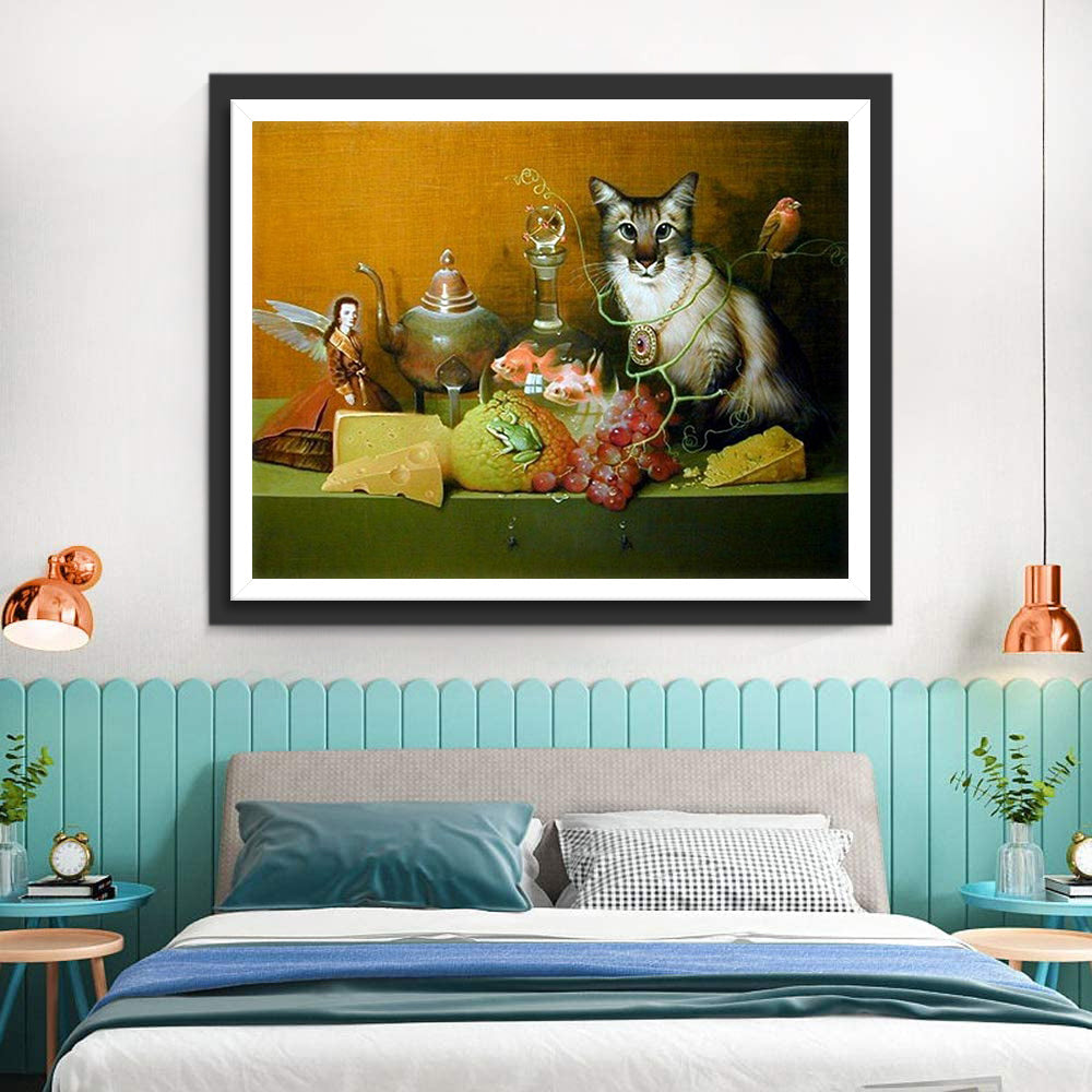 Kat en Ornamenten op Tafel Diamond Painting