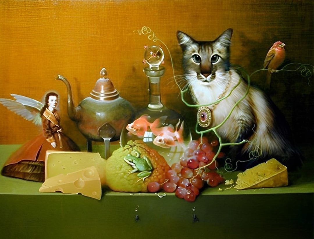 Kat en Ornamenten op Tafel Diamond Painting