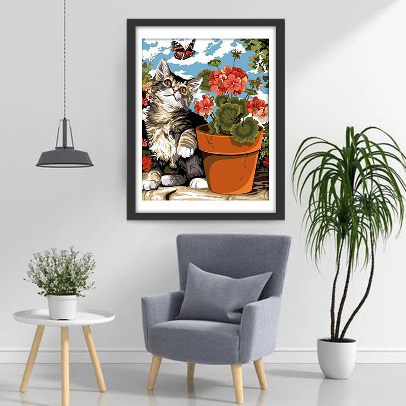 Kat en Potbloem, Vlinder Diamond Painting