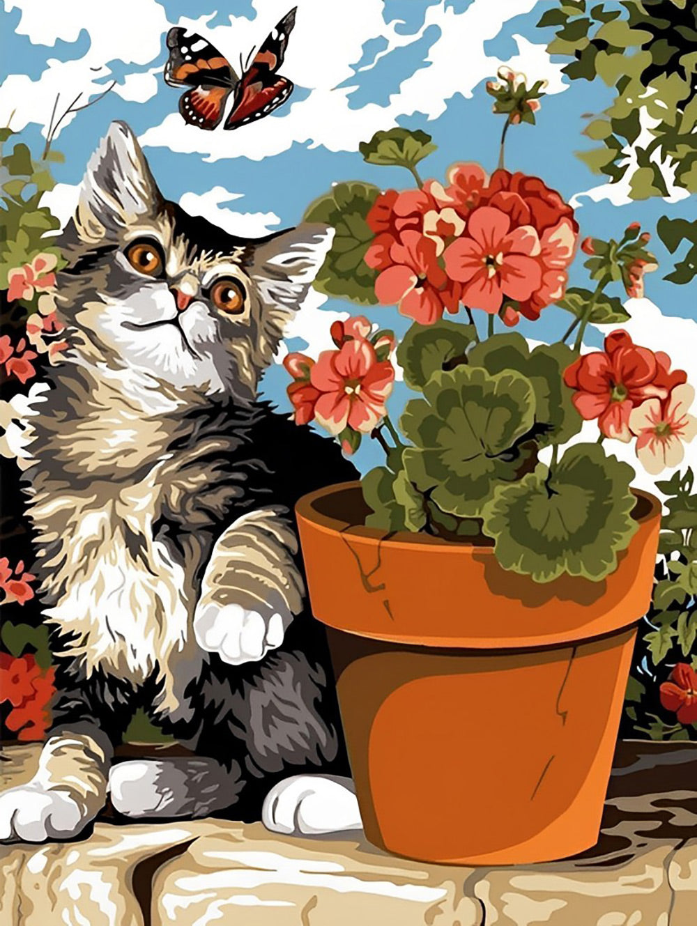 Kat en Potbloem, Vlinder Diamond Painting