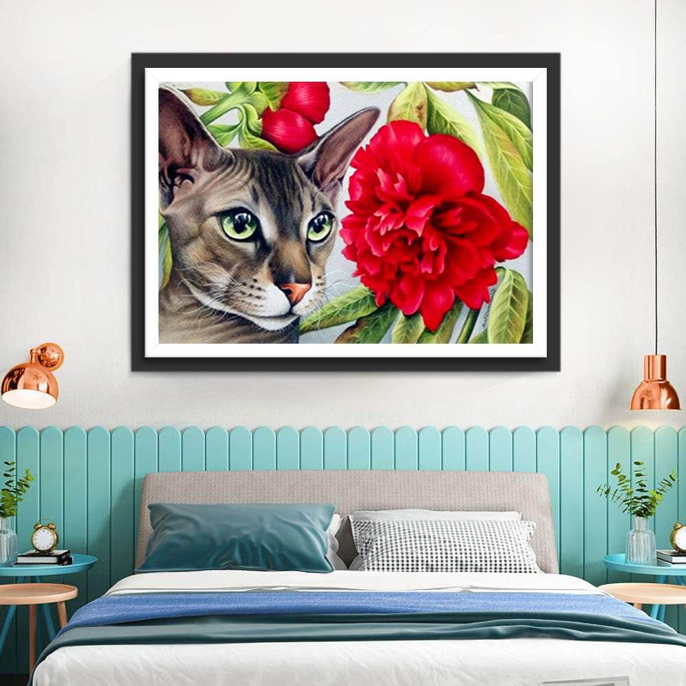 Kat en Rode Bloem Diamond Painting
