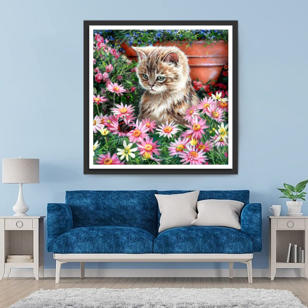 Kat en Vlinder in een Madeliefjesstruik Diamond Painting