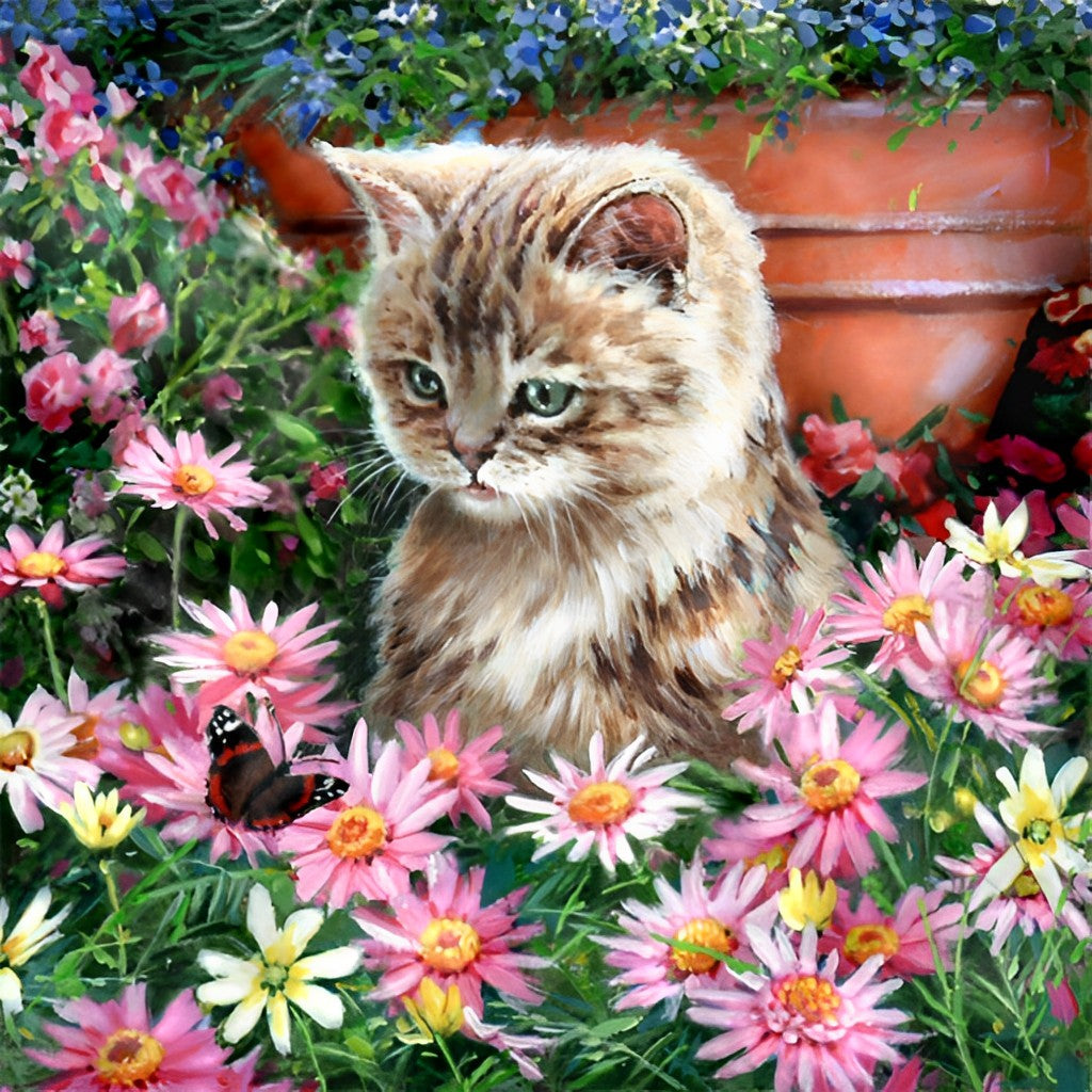 Kat en Vlinder in een Madeliefjesstruik Diamond Painting