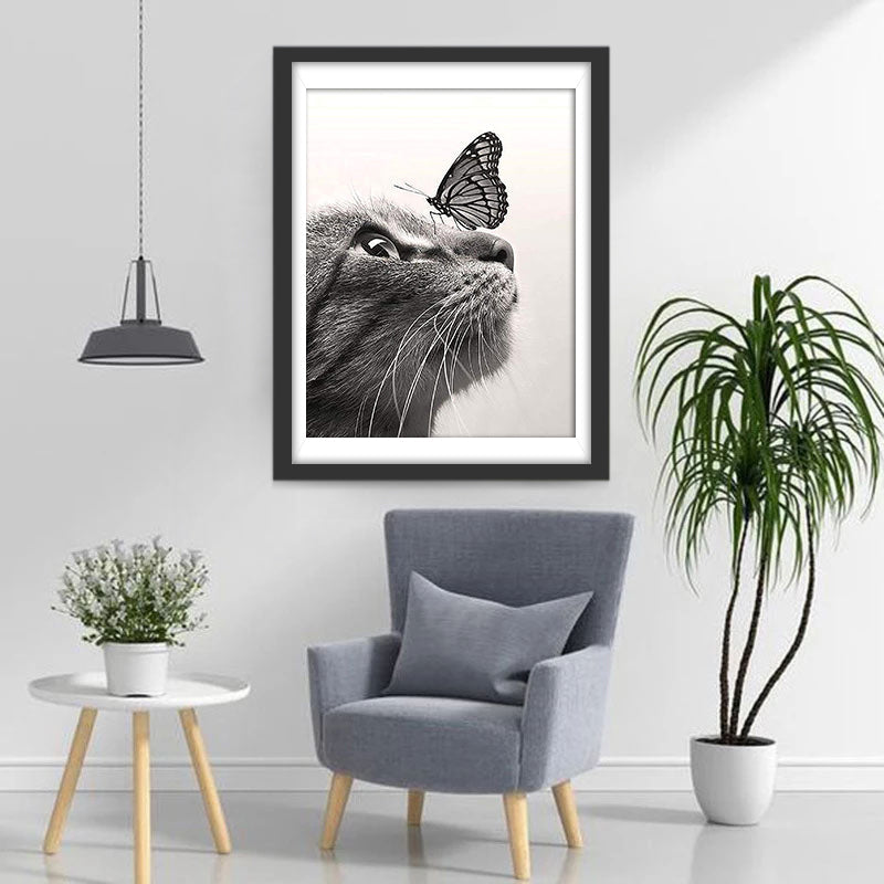 Kat en Vlinder in Zwart en Wit Diamond Painting