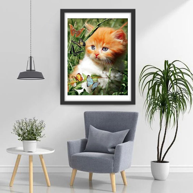 Kat en Vlinders in het Gras Diamond Painting