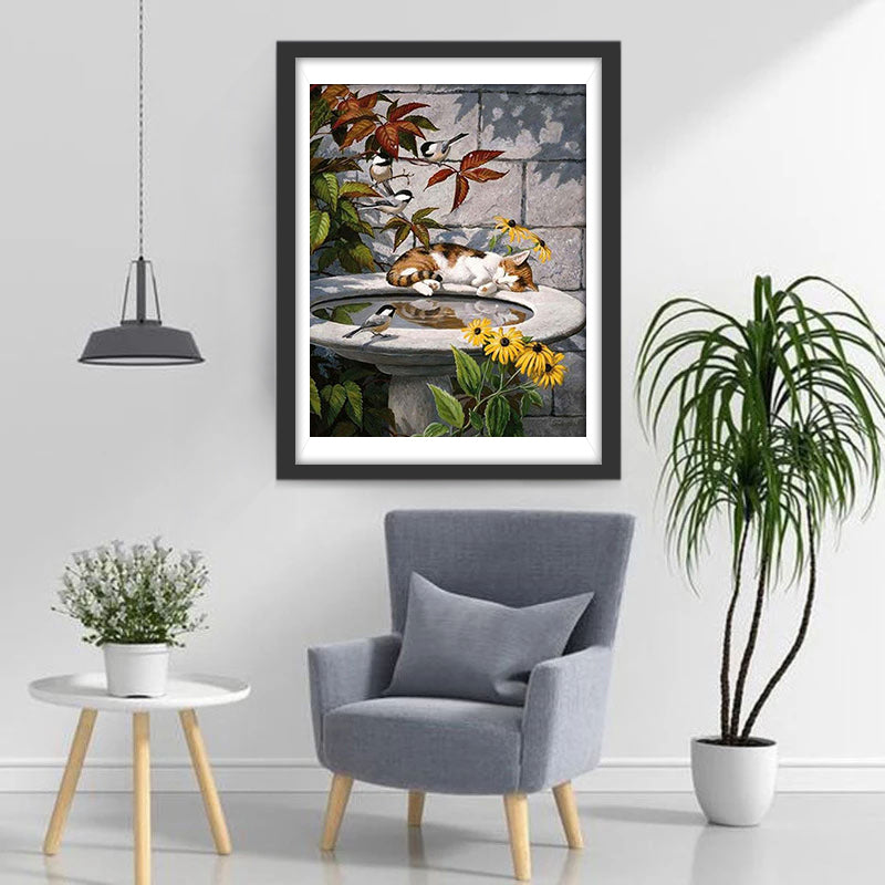 Kat en Vogel bij het Zwembad Diamond Painting