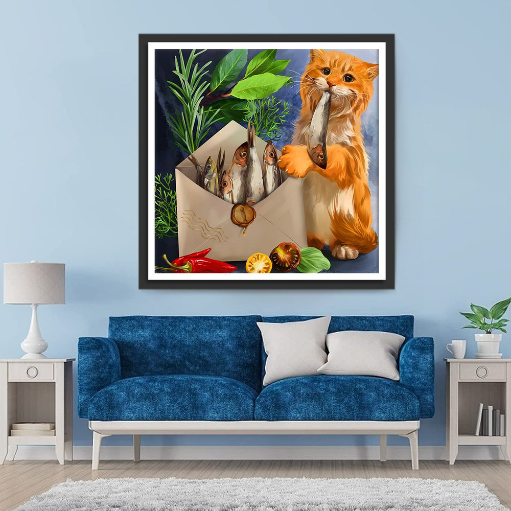 Kat Houdt een Pakje Gedroogde vis Vast Diamond Painting