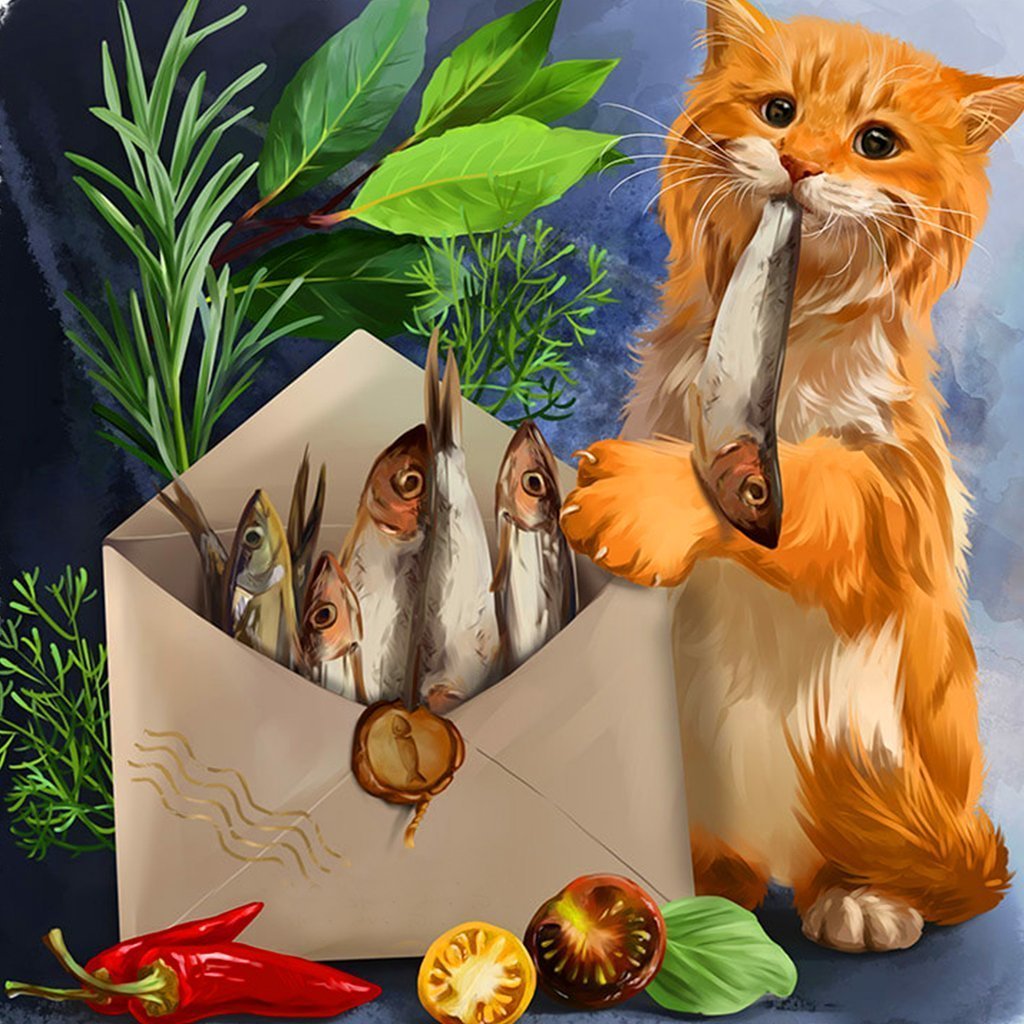 Kat Houdt een Pakje Gedroogde vis Vast Diamond Painting