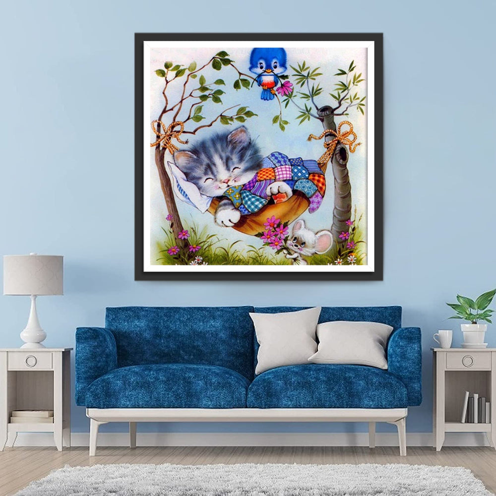 Kat in de Hangmat en Vogel in de Boom Diamond Painting