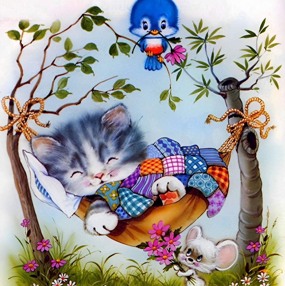 Kat in de Hangmat en Vogel in de Boom Diamond Painting