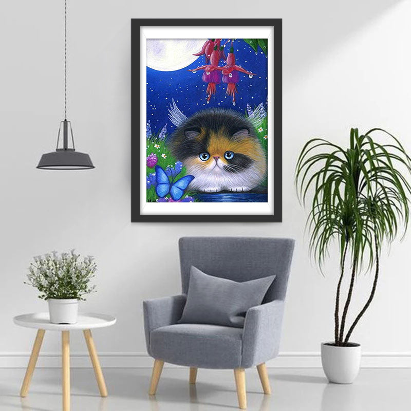 Kat in de Struik en Blauwe Vlinder Diamond Painting