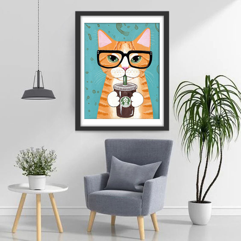 Kat in een Glas met Zwarte Koffie Diamond Painting