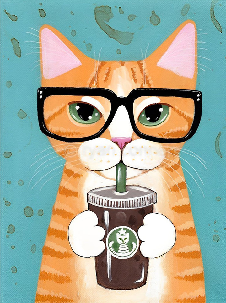 Kat in een Glas met Zwarte Koffie Diamond Painting