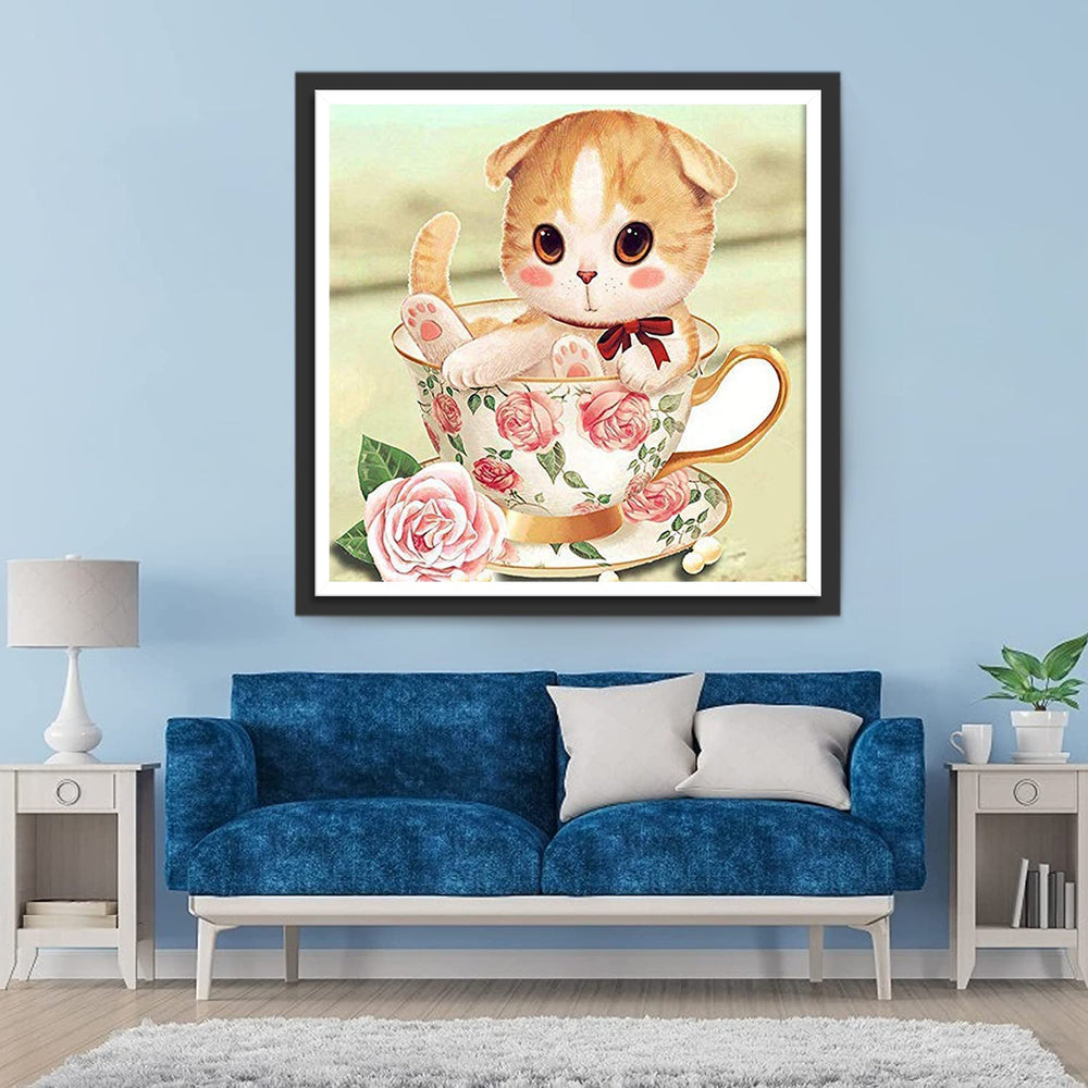 Kat in een Koffiekopje Diamond Painting
