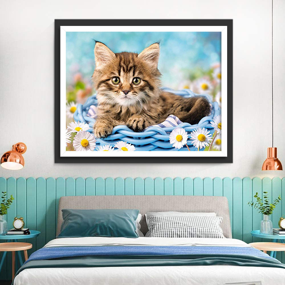 Kat in een Mand met Madeliefjes Diamond Painting