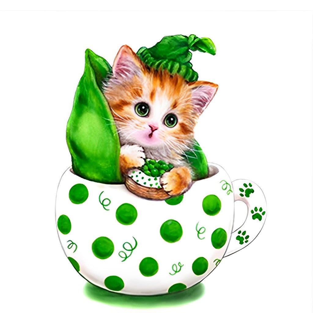 Kat in een Wit-Groene Beker Diamond Painting