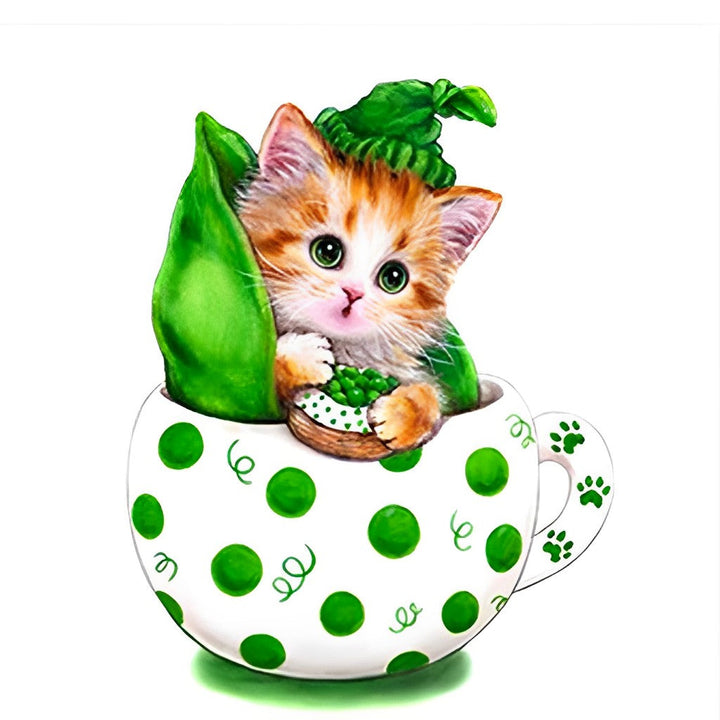Kat in een Wit-Groene Beker Diamond Painting
