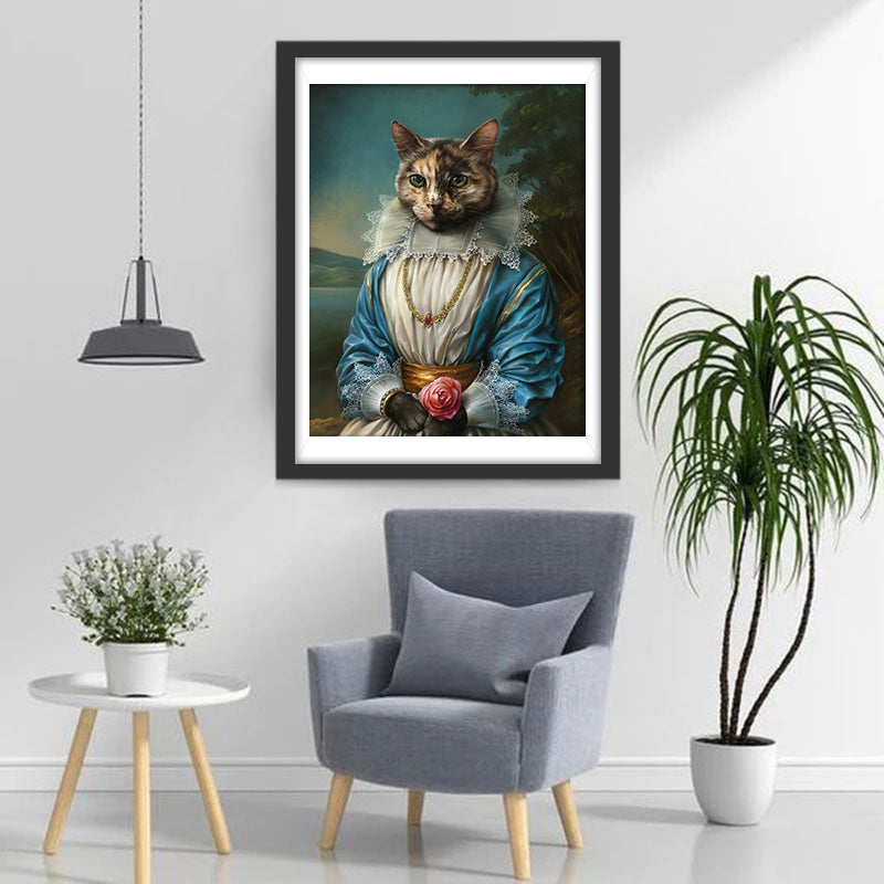 Kat in Europese Jurk met Roze Rozen Diamond Painting