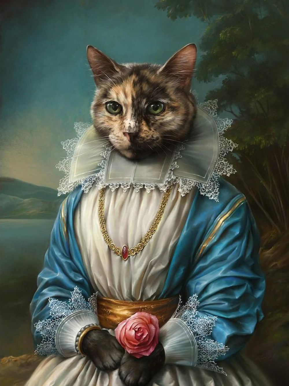 Kat in Europese Jurk met Roze Rozen Diamond Painting