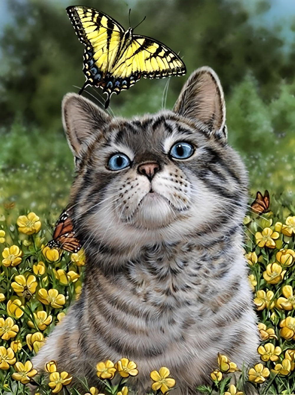 Kat in Gele Bloemenstruik en Gele Vlinder Diamond Painting