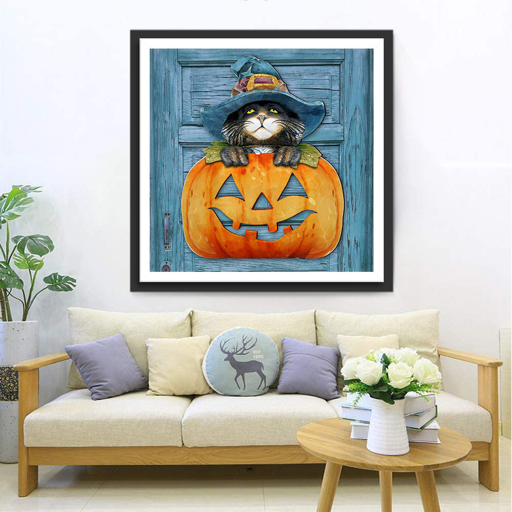 Kat in Pompoen op Deur Diamond Painting