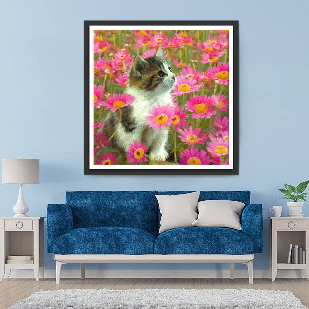 Kat in Roze Madeliefjesweide Diamond Painting