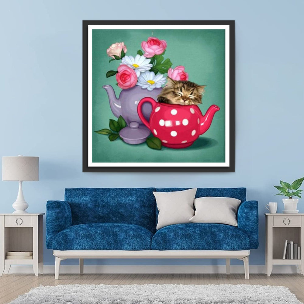 Kat in Theepot en Potbloemen Diamond Painting