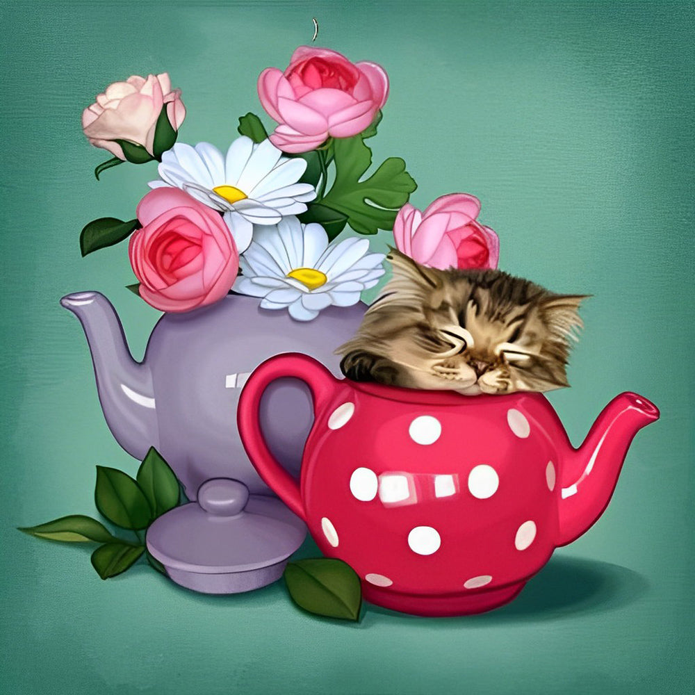 Kat in Theepot en Potbloemen Diamond Painting