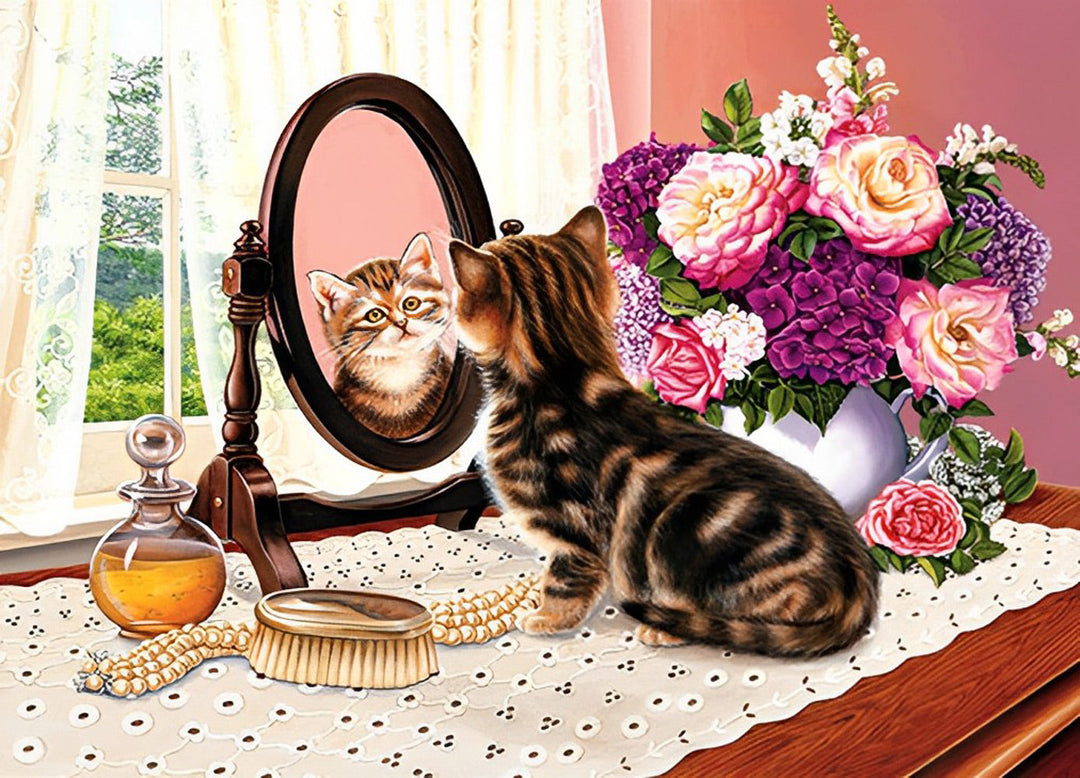 Kat Kijkt in de Spiegel op de Vensterbank Diamond Painting