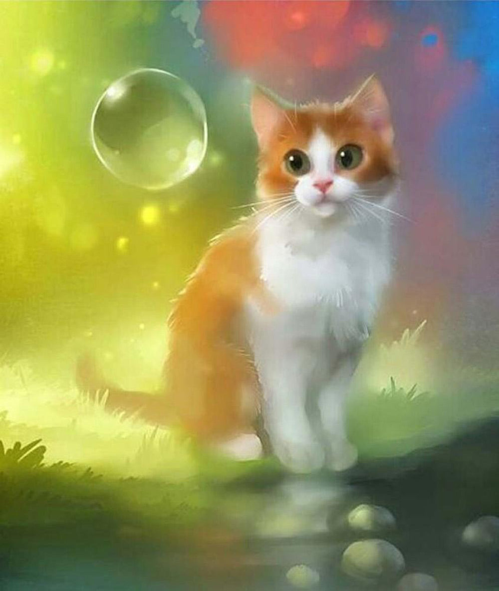 Kat Kijkt naar Bubbels Diamond Painting