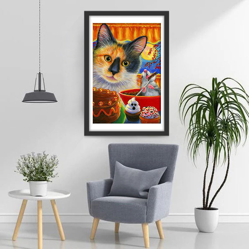 Kat Kijkt naar Muis die Toetje Eet Diamond Painting