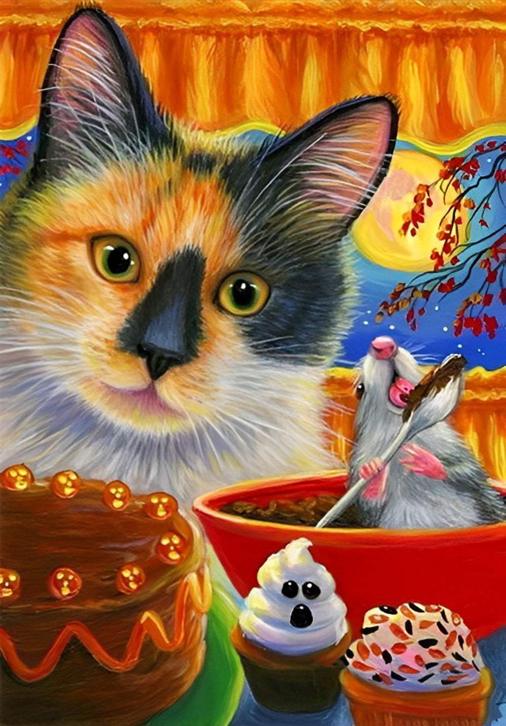 Kat Kijkt naar Muis die Toetje Eet Diamond Painting