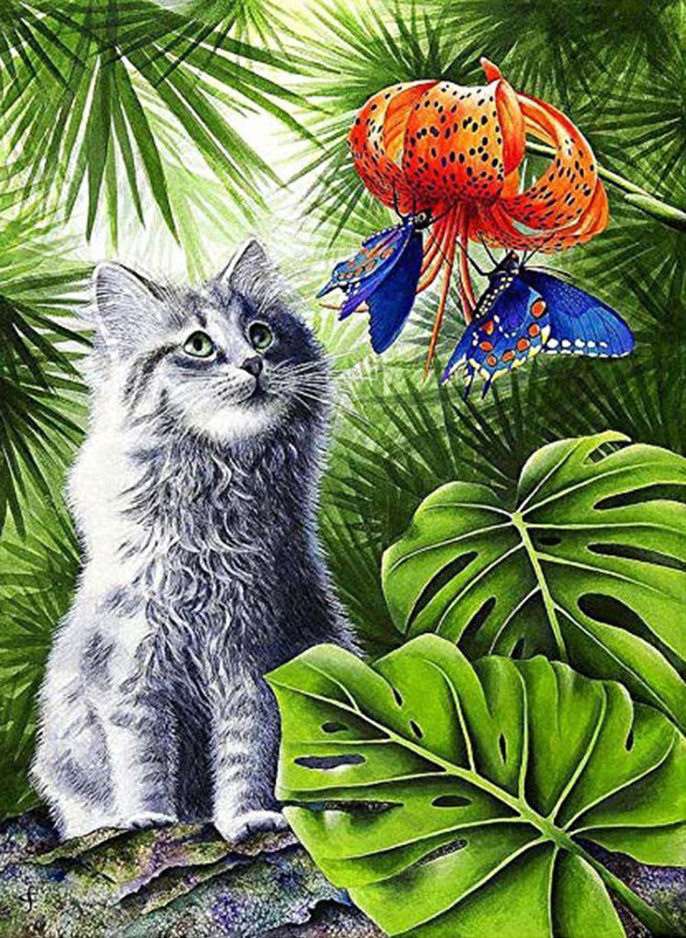 Kat Kijkt naar Twee Blauwe Vlinders die Honing Verzamelen Diamond Painting