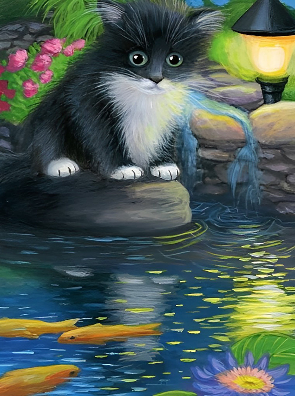 Kat Kijkt naar Vissen in de Vijver Diamond Painting