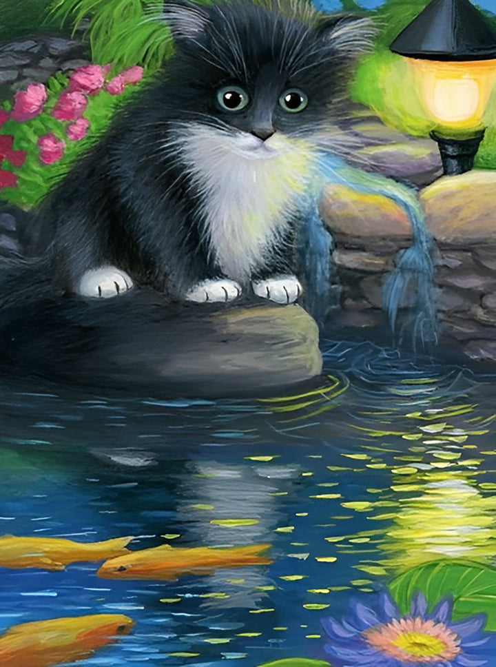 Kat Kijkt naar Vissen in de Vijver Diamond Painting