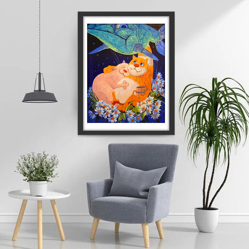 Kat Leunend op het Madeliefje en een Grote Vis Diamond Painting