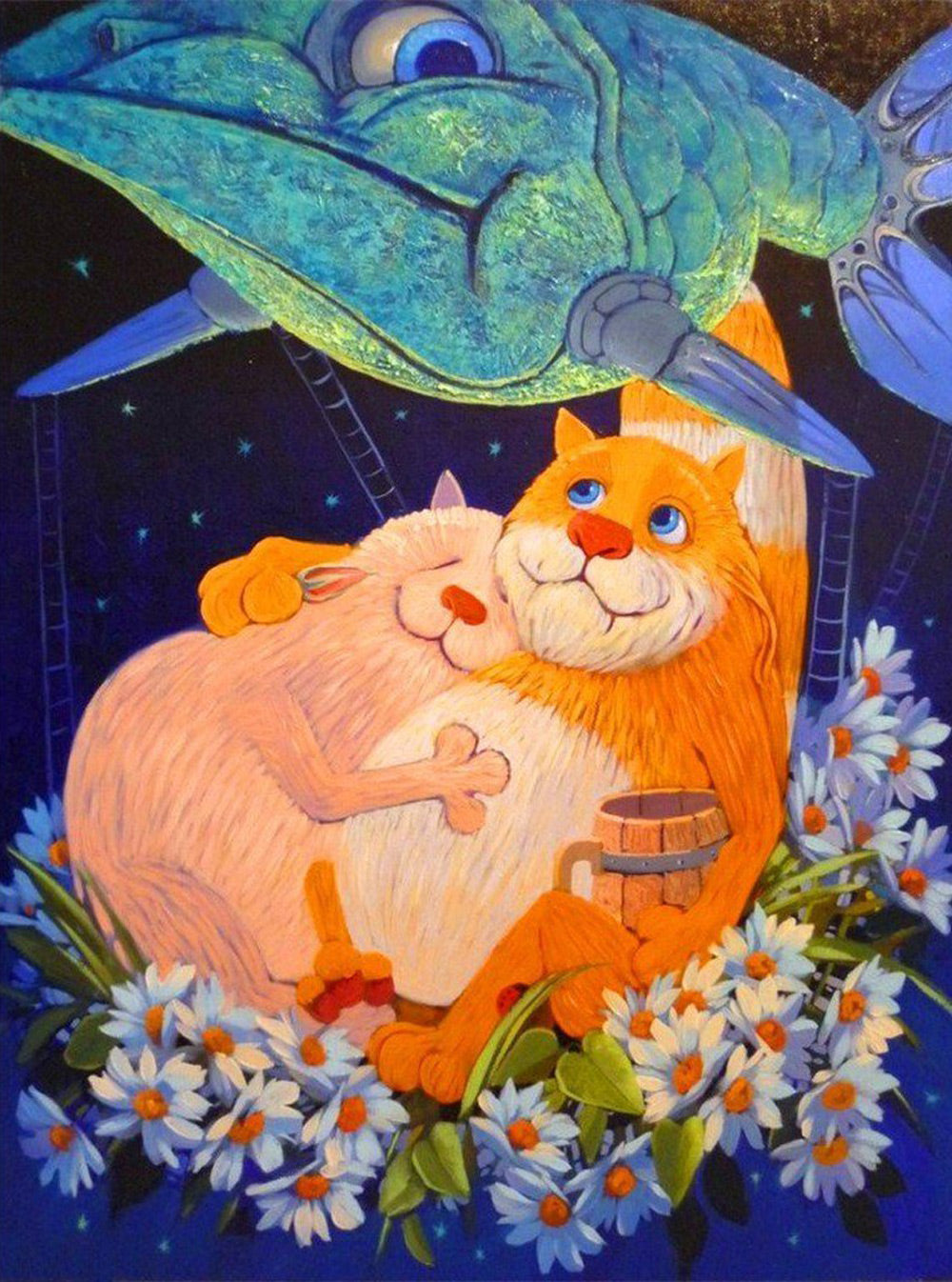 Kat Leunend op het Madeliefje en een Grote Vis Diamond Painting