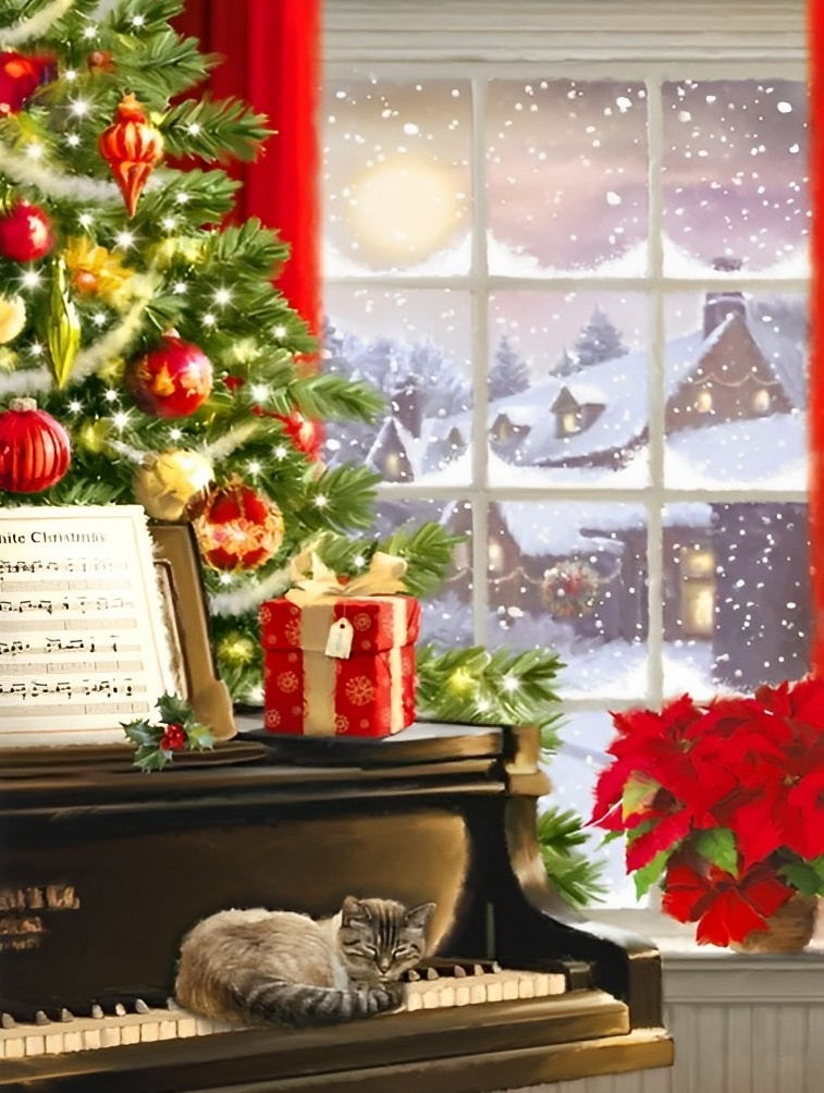 Kat Ligt op Piano naast Kerstboom en Geschenk Diamond Painting
